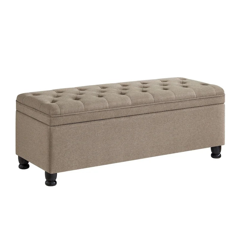 Banc de rangement capitonné en lin avec pieds en bois tournés