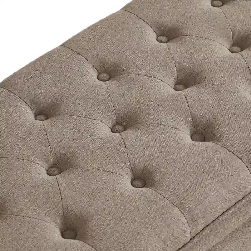 Banc de rangement capitonné en lin avec pieds en bois tournés