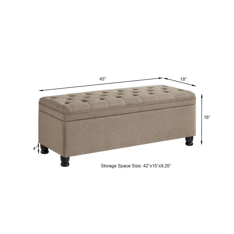 Banc de rangement capitonné en lin avec pieds en bois tournés