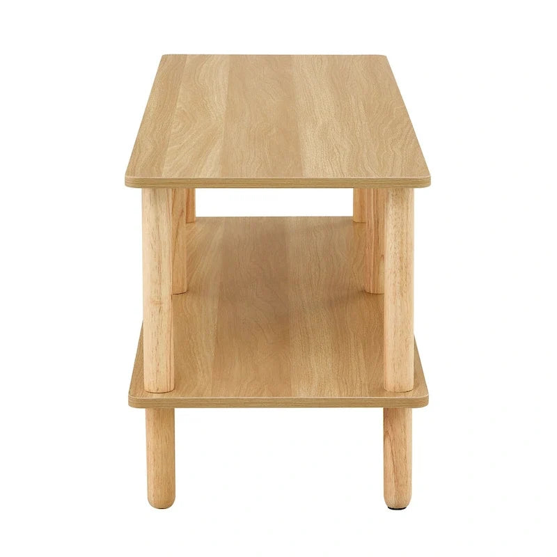 Modern 2-Tier TV Stand with Open Storage Shelf & Rubberwood Legs