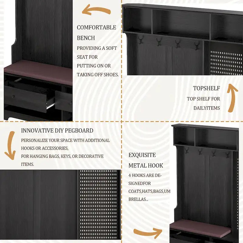Vielseitige Garderobe für den Flur mit abnehmbarer, leinenbezogener Sitzbank, Kleiderständer, Ablagefächern und DIY-Pinnwand