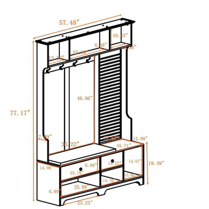 Vielseitige Garderobe für den Flur mit abnehmbarer, leinenbezogener Sitzbank, Kleiderständer, Ablagefächern und DIY-Pinnwand