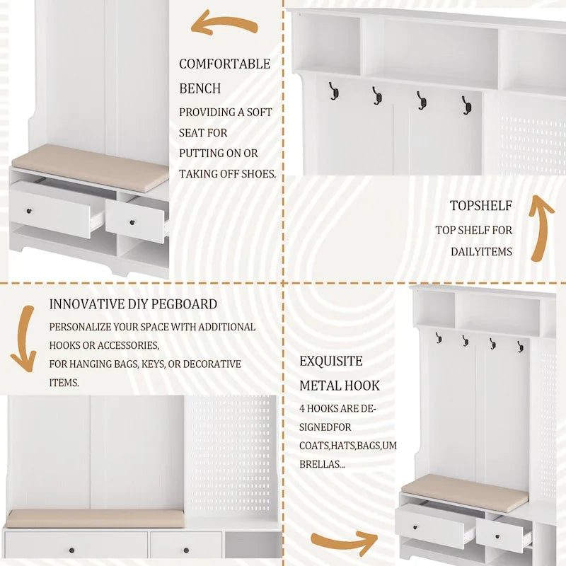 Vielseitige Garderobe für den Flur mit abnehmbarer, leinenbezogener Sitzbank, Kleiderständer, Ablagefächern und DIY-Pinnwand