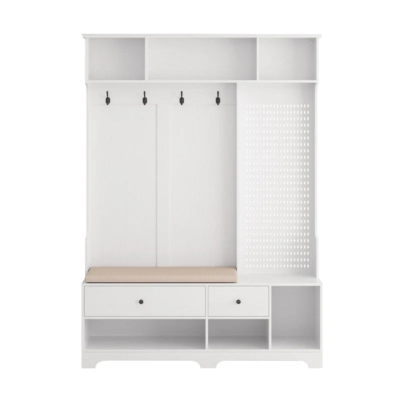 Vielseitige Garderobe für den Flur mit abnehmbarer, leinenbezogener Sitzbank, Kleiderständer, Ablagefächern und DIY-Pinnwand