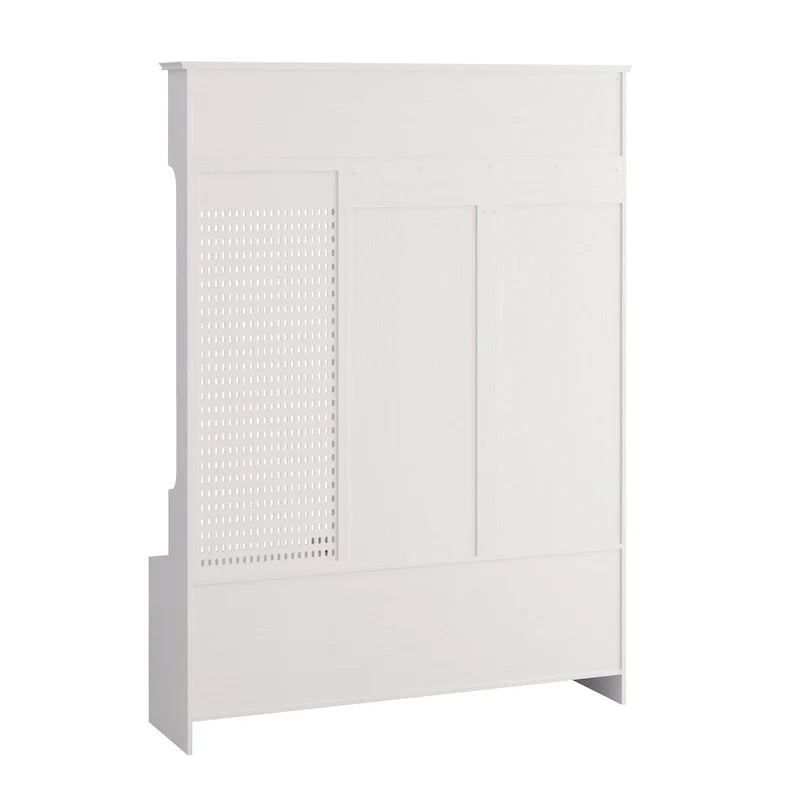Vielseitige Garderobe für den Flur mit abnehmbarer, leinenbezogener Sitzbank, Kleiderständer, Ablagefächern und DIY-Pinnwand
