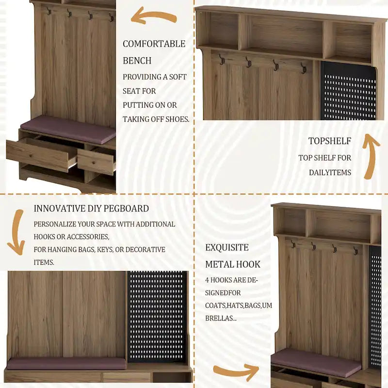 Vielseitige Garderobe für den Flur mit abnehmbarer, leinenbezogener Sitzbank, Kleiderständer, Ablagefächern und DIY-Pinnwand