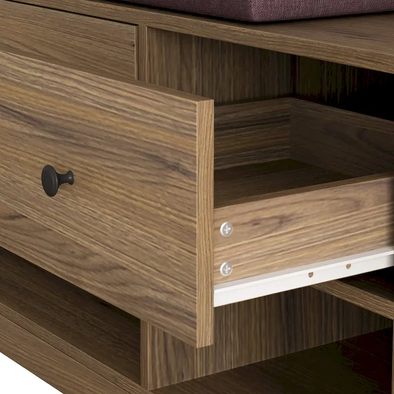 Vielseitige Garderobe für den Flur mit abnehmbarer, leinenbezogener Sitzbank, Kleiderständer, Ablagefächern und DIY-Pinnwand