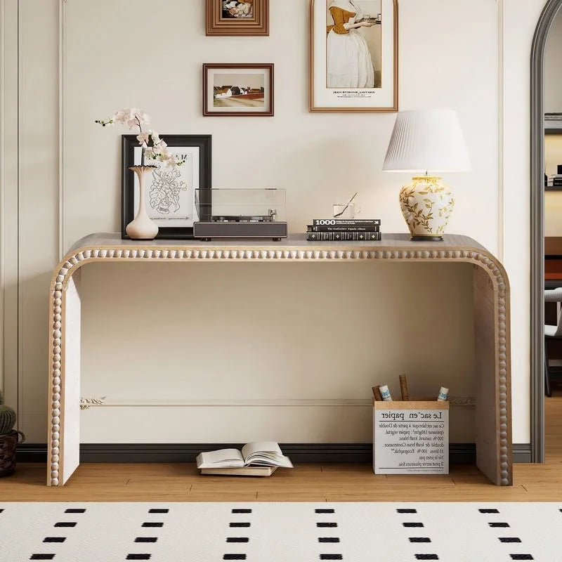 Mesa de entrada de 59, mesa curva estilo cascada, mesa consola con cuentas de madera