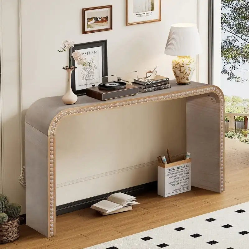 Mesa de entrada de 59, mesa curva estilo cascada, mesa consola con cuentas de madera