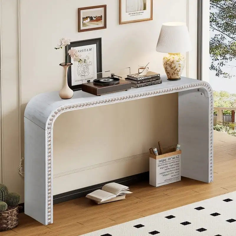 Mesa de entrada de 59, mesa curva estilo cascada, mesa consola con cuentas de madera