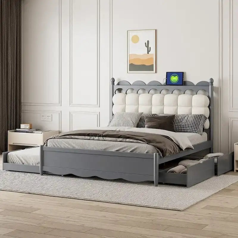 Cama de plataforma de madera con 2 cajones grandes y cama nido tamaño Twin-XL