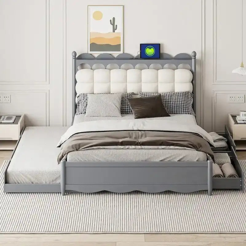 Cama de plataforma de madera con 2 cajones grandes y cama nido tamaño Twin-XL