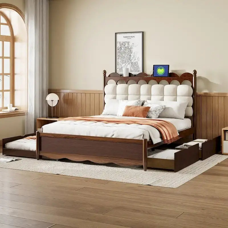 Cama de plataforma de madera con 2 cajones grandes y cama nido tamaño Twin-XL