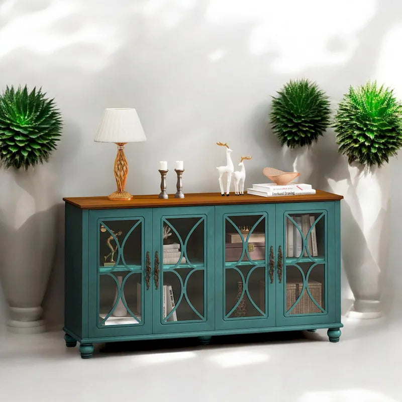 Eleganter europäischer antiker Schrank mit 4 Türen aus gehärtetem Glas, verstellbaren Einlegeböden und Massivholzbeinen für Wohn- und Esszimmer