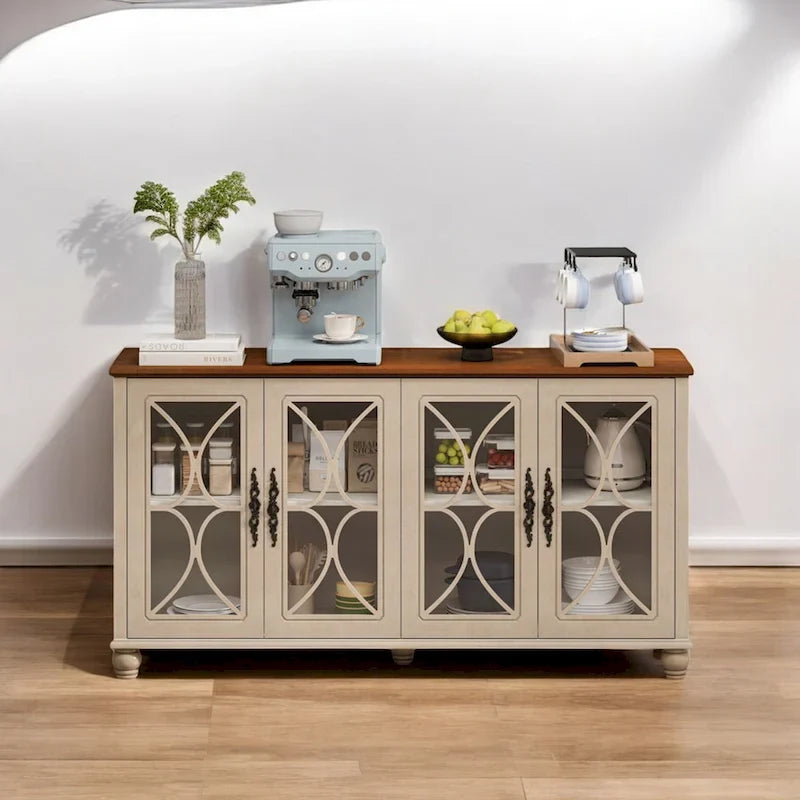 Eleganter europäischer antiker Schrank mit 4 Türen aus gehärtetem Glas, verstellbaren Einlegeböden und Massivholzbeinen für Wohn- und Esszimmer