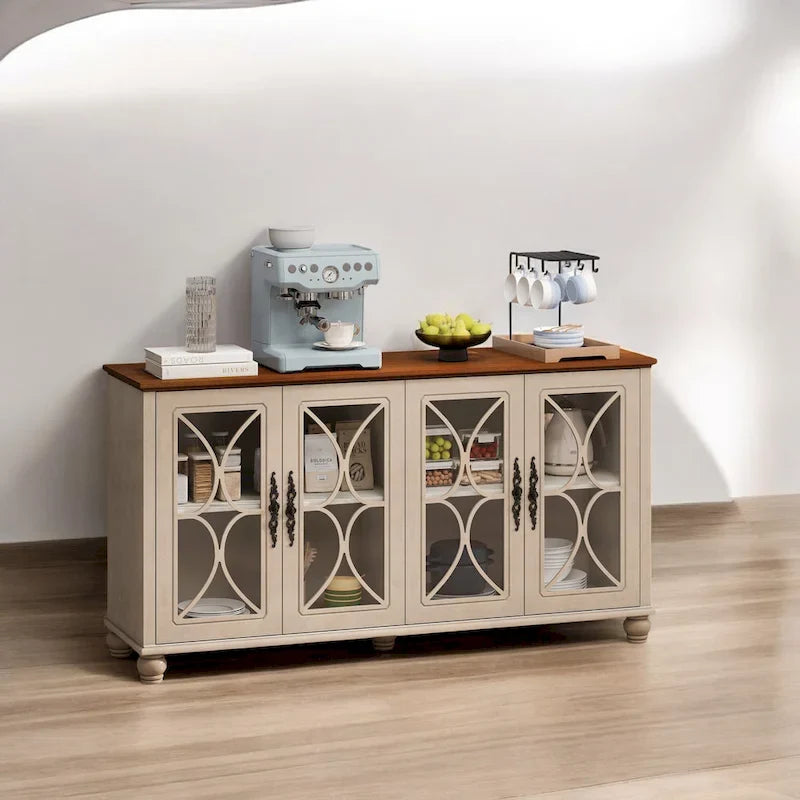 Eleganter europäischer antiker Schrank mit 4 Türen aus gehärtetem Glas, verstellbaren Einlegeböden und Massivholzbeinen für Wohn- und Esszimmer
