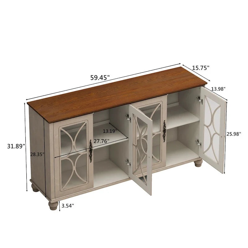 Eleganter europäischer antiker Schrank mit 4 Türen aus gehärtetem Glas, verstellbaren Einlegeböden und Massivholzbeinen für Wohn- und Esszimmer