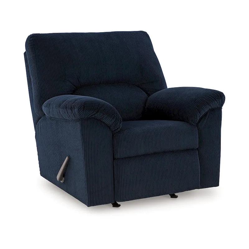 Sillón reclinable mecedor, brazos acolchados, pana azul marino oscuro