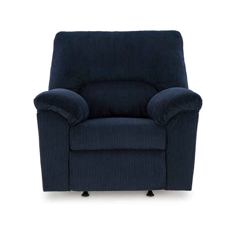 Sillón reclinable mecedor, brazos acolchados, pana azul marino oscuro