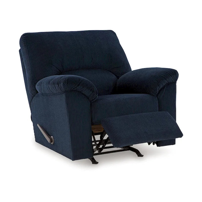 Sillón reclinable mecedor, brazos acolchados, pana azul marino oscuro