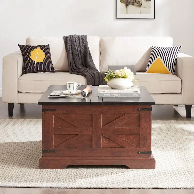 Table basse carrée en bois de style rustique avec grand compartiment de rangement caché et plateau relevable à charnières, pour le salon