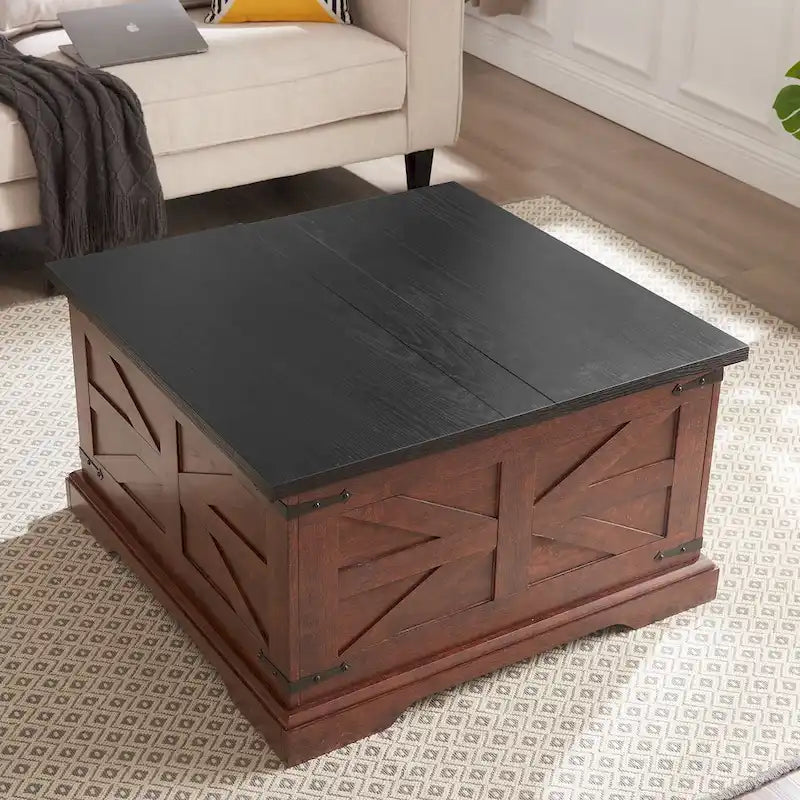 Mesa de centro cuadrada de madera estilo granja con amplio compartimento oculto de almacenamiento y tablero abatible con bisagras, para la sala de estar