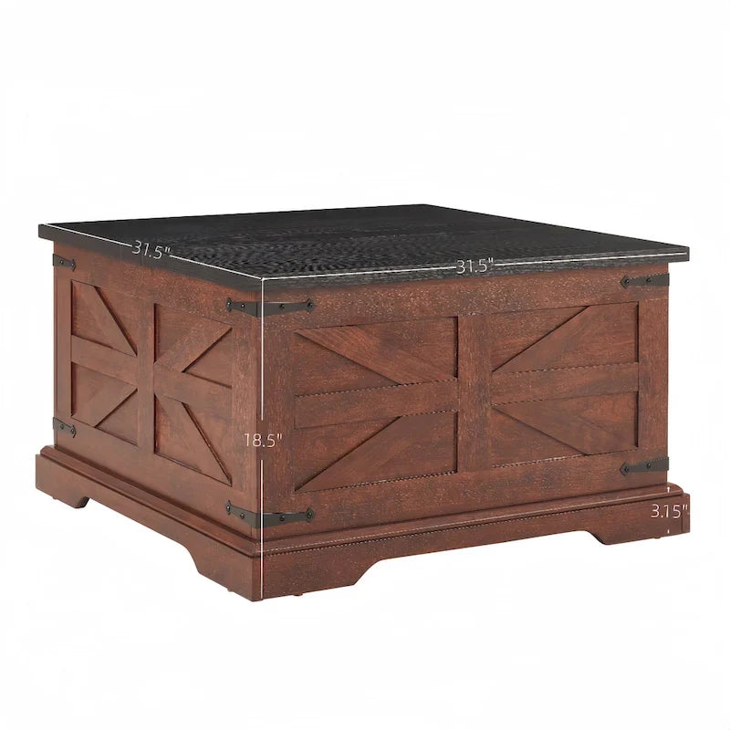 Table basse carrée en bois de style rustique avec grand compartiment de rangement caché et plateau relevable à charnières, pour le salon