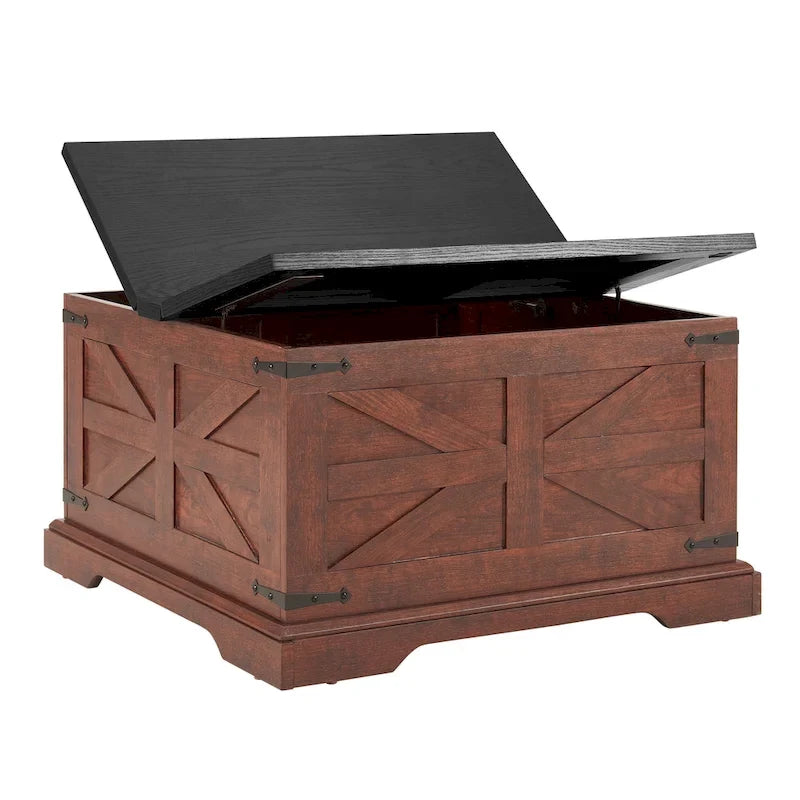 Table basse carrée en bois de style rustique avec grand compartiment de rangement caché et plateau relevable à charnières, pour le salon