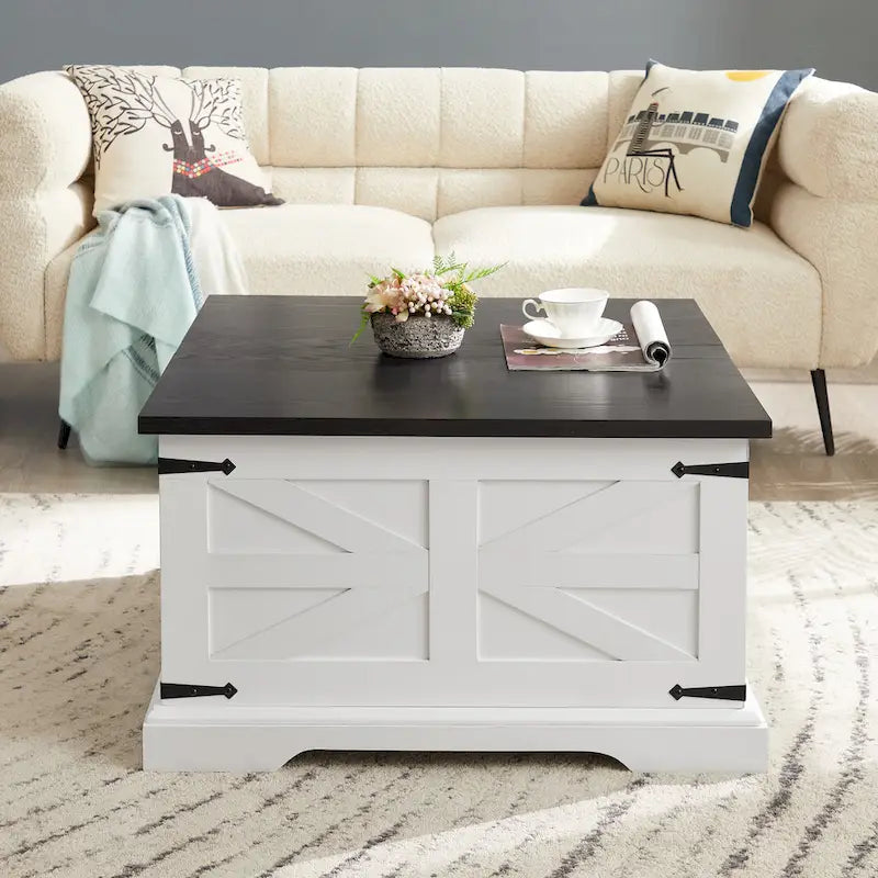 Table basse carrée en bois de style rustique avec grand compartiment de rangement caché et plateau relevable à charnières, pour le salon