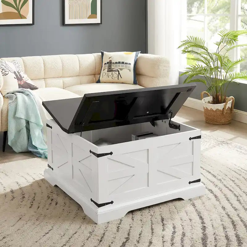 Table basse carrée en bois de style rustique avec grand compartiment de rangement caché et plateau relevable à charnières, pour le salon