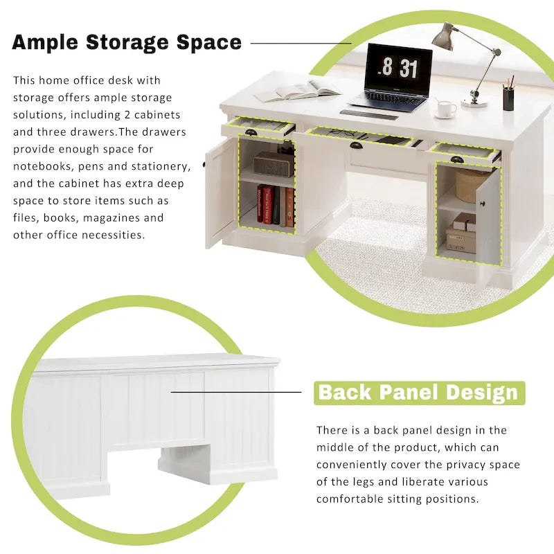 Bureau de direction moderne, bureau d’ordinateur avec 2 placards de rangement et 3 tiroirs