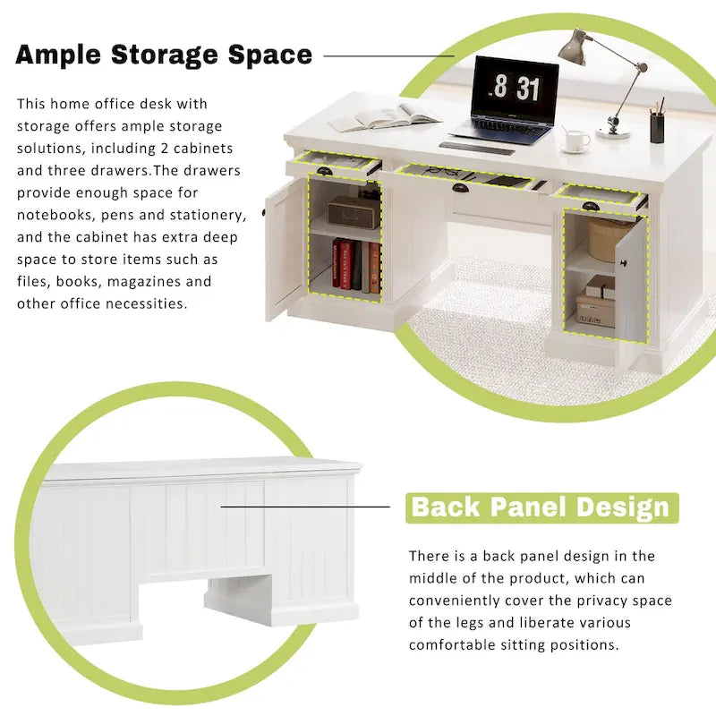 Bureau de direction moderne, bureau d’ordinateur avec 2 placards de rangement et 3 tiroirs