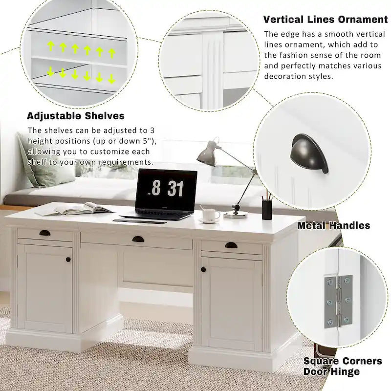 Bureau de direction moderne, bureau d’ordinateur avec 2 placards de rangement et 3 tiroirs
