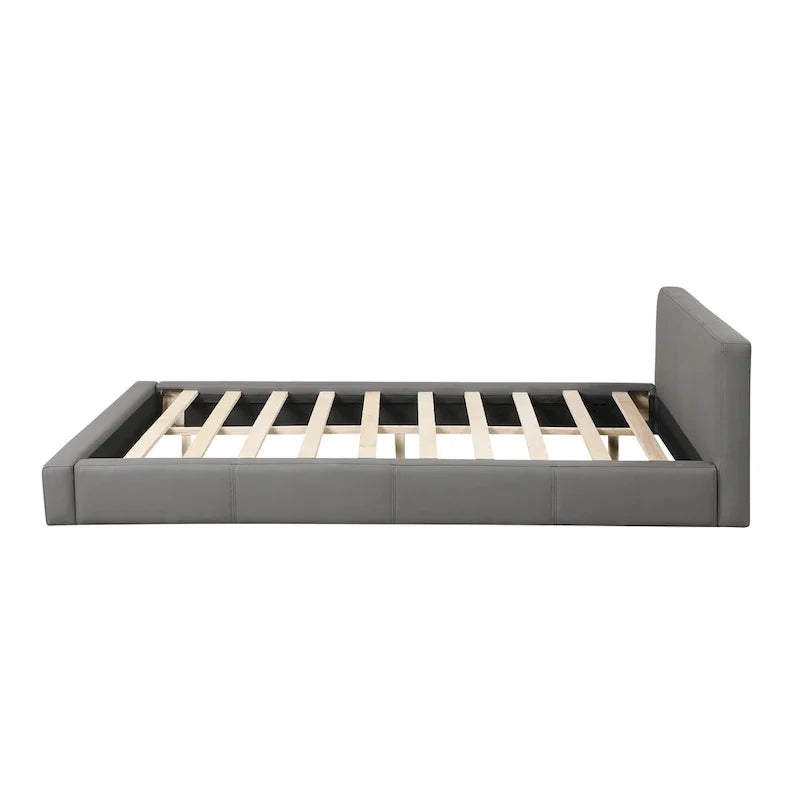 Cama de plataforma con almacenaje tapizada en gris