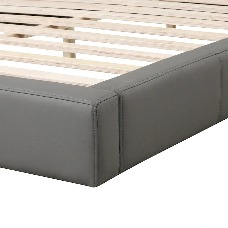 Cama de plataforma con almacenaje tapizada en gris