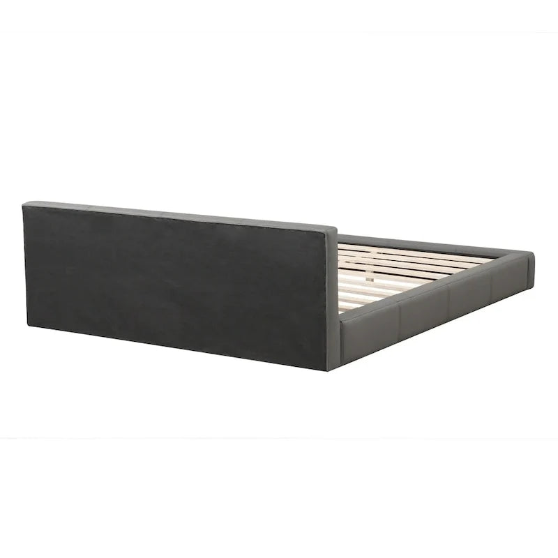Cama de plataforma con almacenaje tapizada en gris