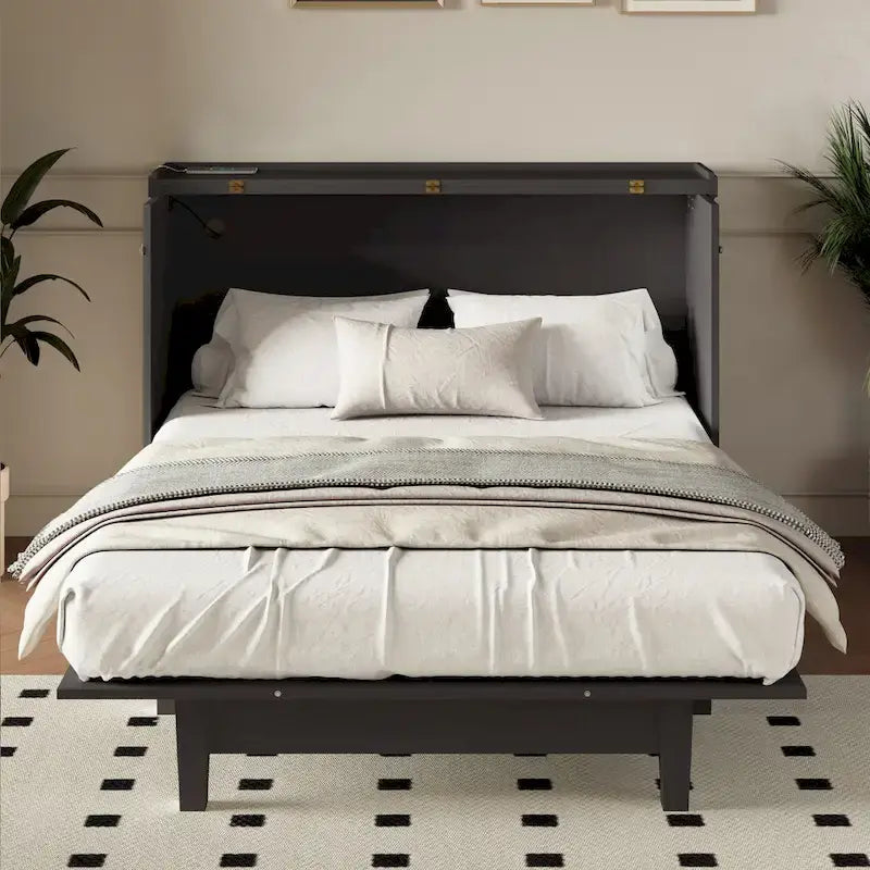 Cama abatible tipo arcón de madera maciza de pino con estación de carga y amplio cajón de almacenamiento