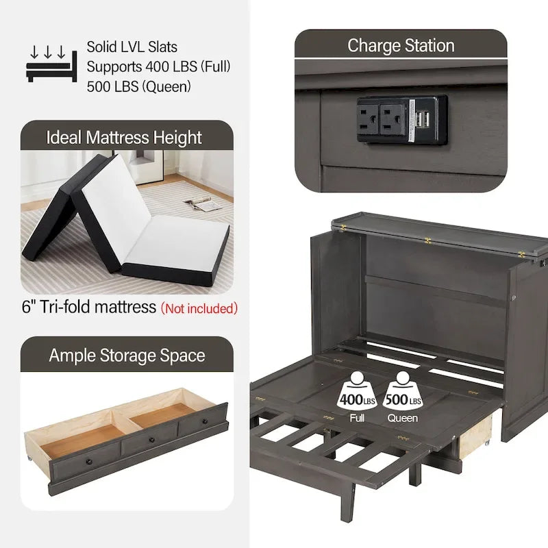 Wandklappbett-Schrank aus massivem Kiefernholz mit Ladestation und großer Aufbewahrungsschublade