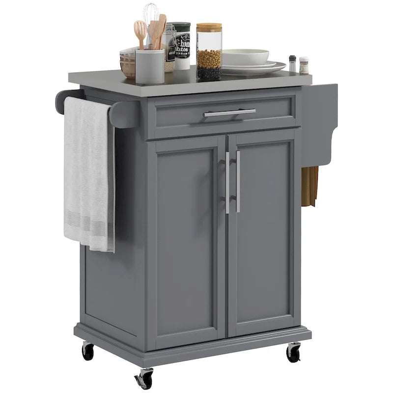 Isla de cocina con ruedas, carrito de cocina móvil con encimera de acero inoxidable, cajón, toallero y especiero
