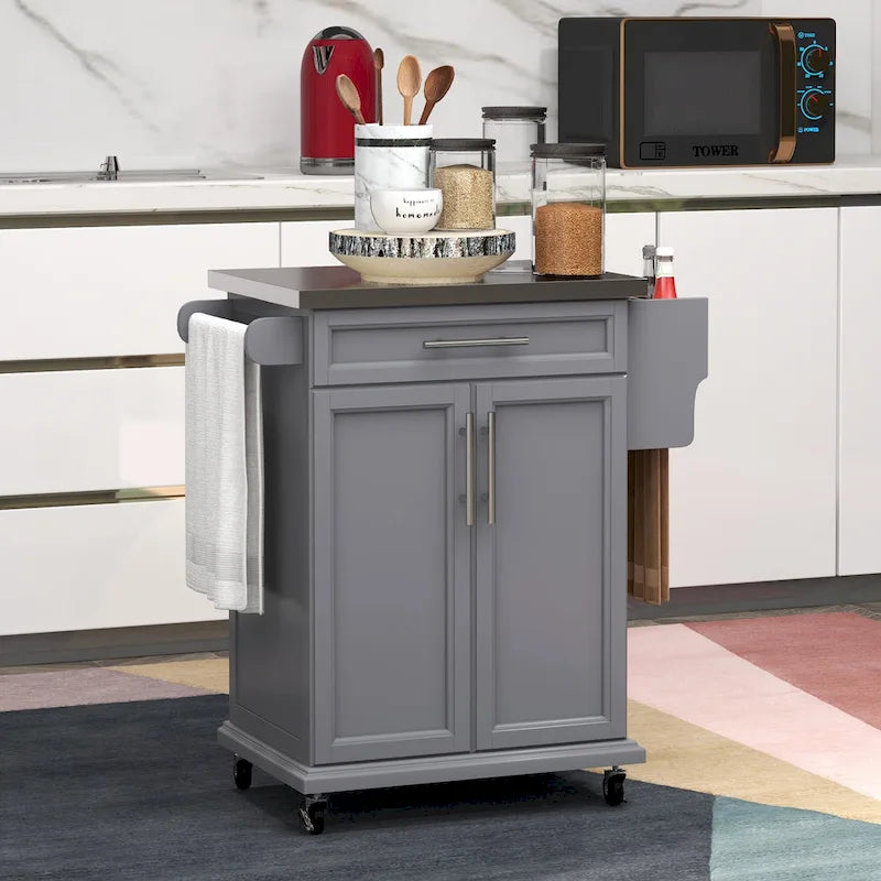 Isla de cocina con ruedas, carrito de cocina móvil con encimera de acero inoxidable, cajón, toallero y especiero