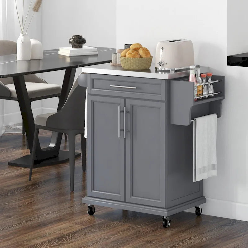 Isla de cocina con ruedas, carrito de cocina móvil con encimera de acero inoxidable, cajón, toallero y especiero