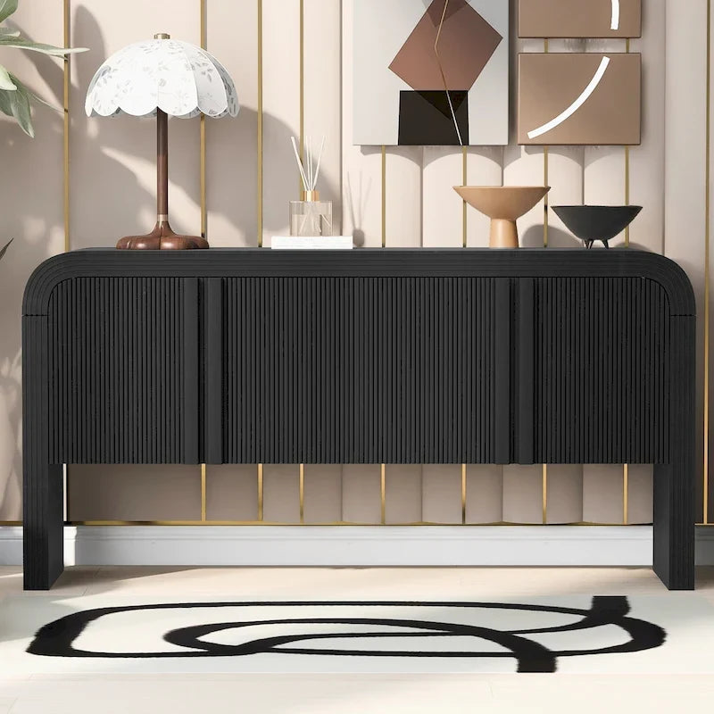 Buffet avec rangement et portes arquées à 4 bandes, étagères réglables, meuble d’entrée moderne avec pieds en pin