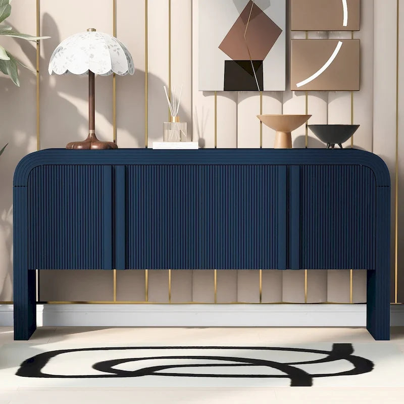 Gebogenes Sideboard mit Stauraum, 4 Türen mit Streifenmuster und verstellbaren Einlegeböden, moderne Flurmöbel mit Kiefernholzbeinen