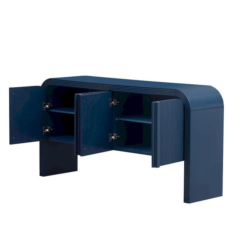 Gebogenes Sideboard mit Stauraum, 4 Türen mit Streifenmuster und verstellbaren Einlegeböden, moderne Flurmöbel mit Kiefernholzbeinen