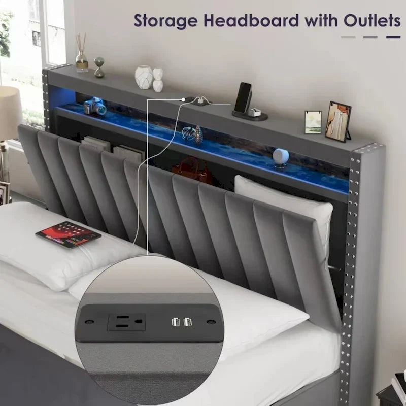 Cama de lujo con almacenamiento y mecanismo de elevación a gas, con luces LED