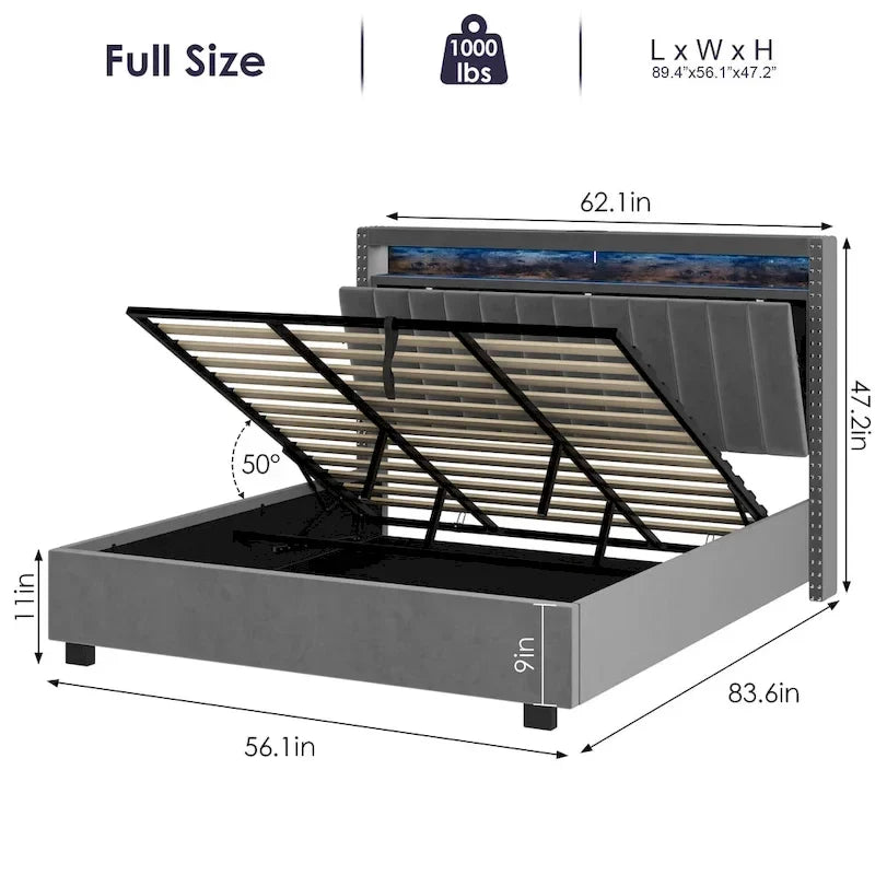 Lit de rangement de luxe à vérins, avec éclairage LED