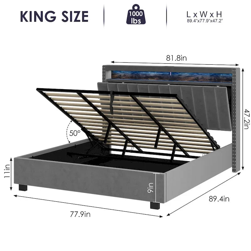 Lit de rangement de luxe à vérins, avec éclairage LED