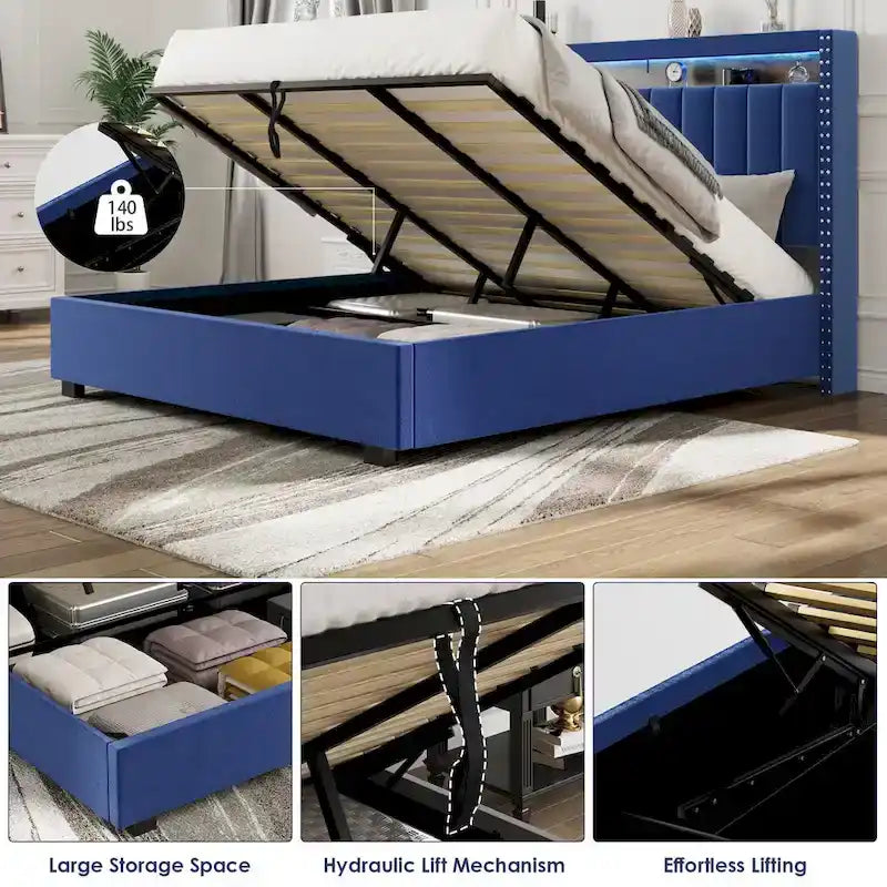 Lit de rangement de luxe à vérins, avec éclairage LED