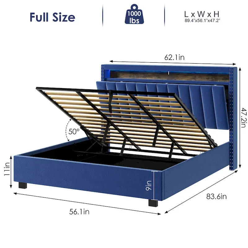 Lit de rangement de luxe à vérins, avec éclairage LED