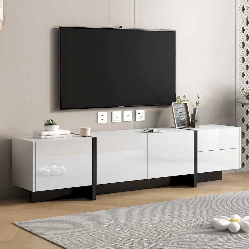 Weißer TV-Ständer, 74, mit Hochglanzoberfläche und Stauraum für Fernseher bis zu 80